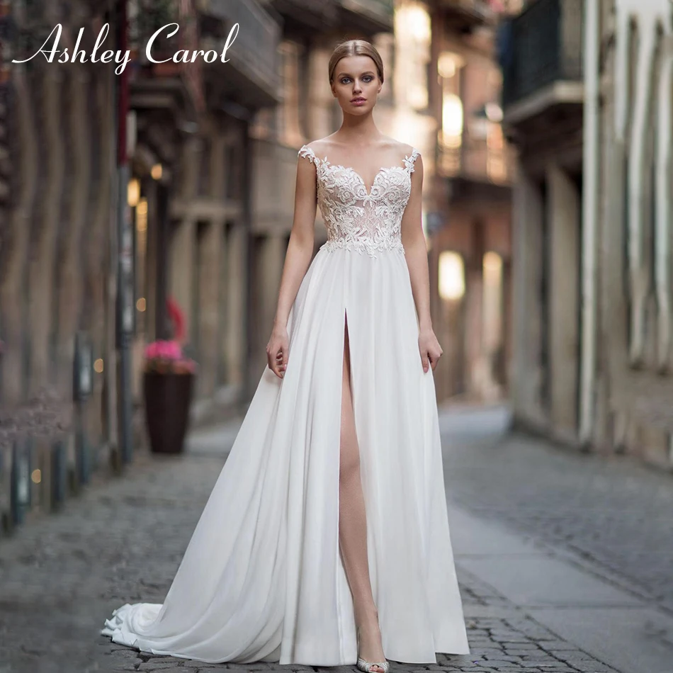 

Ashley Carol Sexy Sweetheart Lace Backless Beach Wedding Dress 2019 Off the Shoulder Slit-Hem Bride Dress Chiffon Wedding Gowns