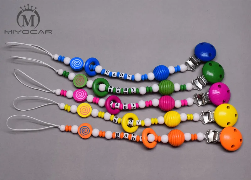 

custom -Any name Hand made 5 colors choose wooden beads dummy clip holder pacifier clips soother chain teether clip