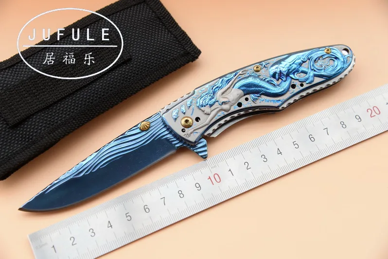 

JUFULE Original Made Mermaid Blue anodized folding camping hunt pocket Survival EDC tools Tactical outdoor flipper kitchen knife