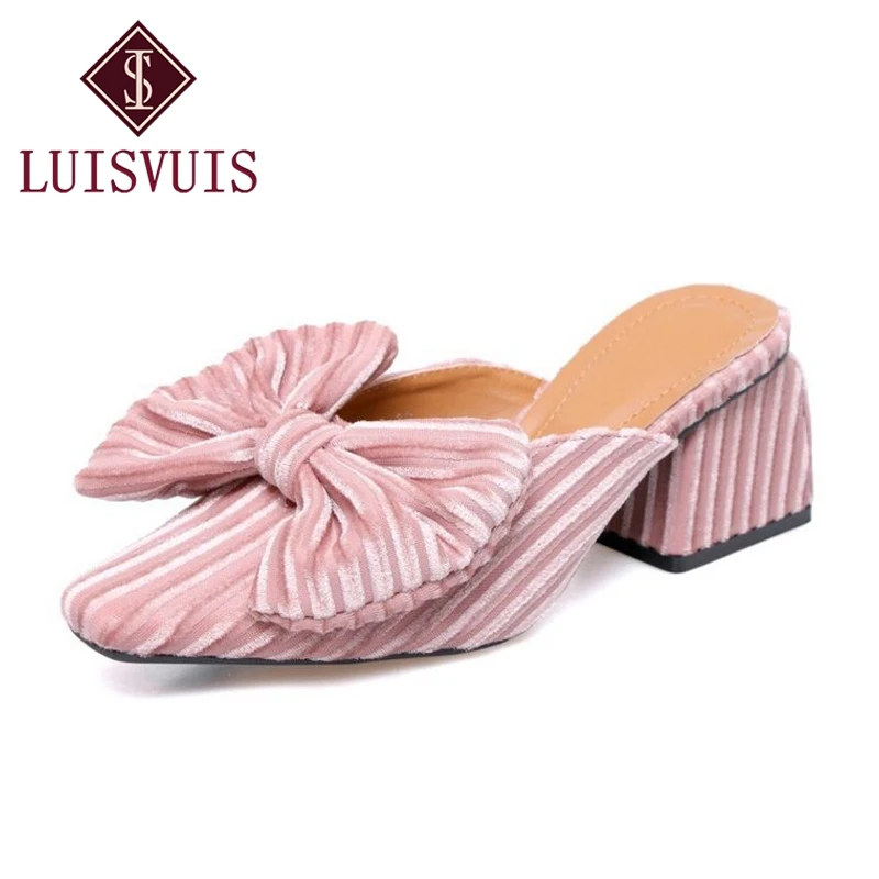 LUISVUIS Women High Heel Sandals Thick Heel Bowtie Women