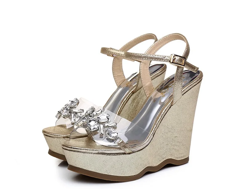 35_2016 New Gold Platform Wedges Sandals Female Summer Sandal Silver Heels Rhinestone Buckle Transparent Casual Shoes For Woman