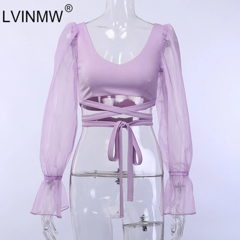 LVINMW Sexy Mesh See Through lantern с длинным рукавом Crop Tops 2019 Весна Женщины Backless Patchwork Slim U Neck T Shirt