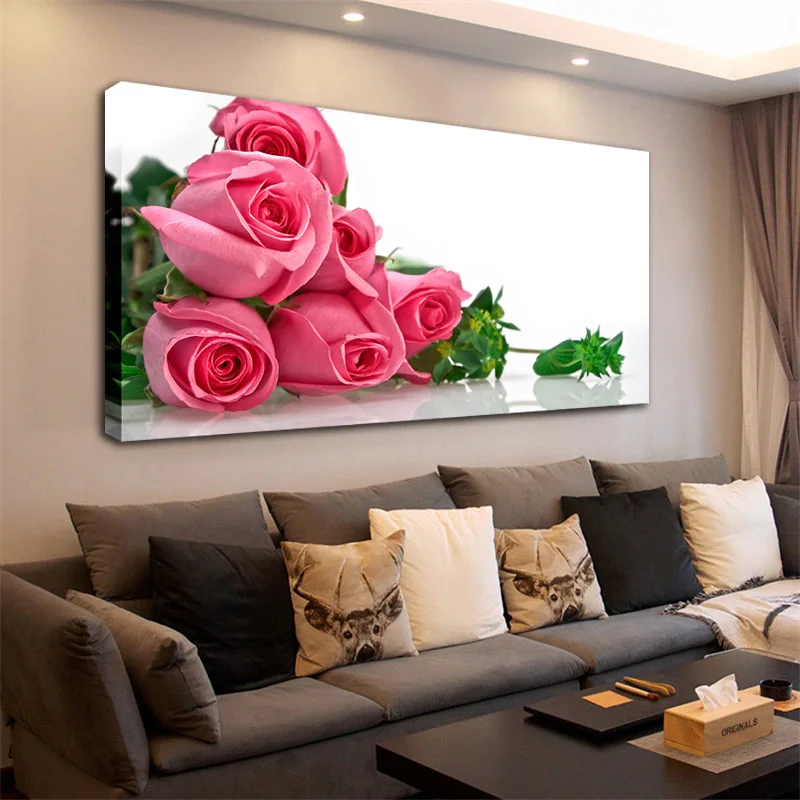 

Pink Rose Flower Poster Wall Art Canvas Painting Stretched Frame Floral Wall Picture for Living Room Bedroom Decoration 50x100cm