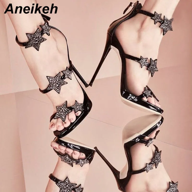 

Aneikeh Summer Open Toe Rhinestone Design High Heel Sandals Crystal Ankle Wrap Diamond Gladiator Women Sandals Black Size 35-40
