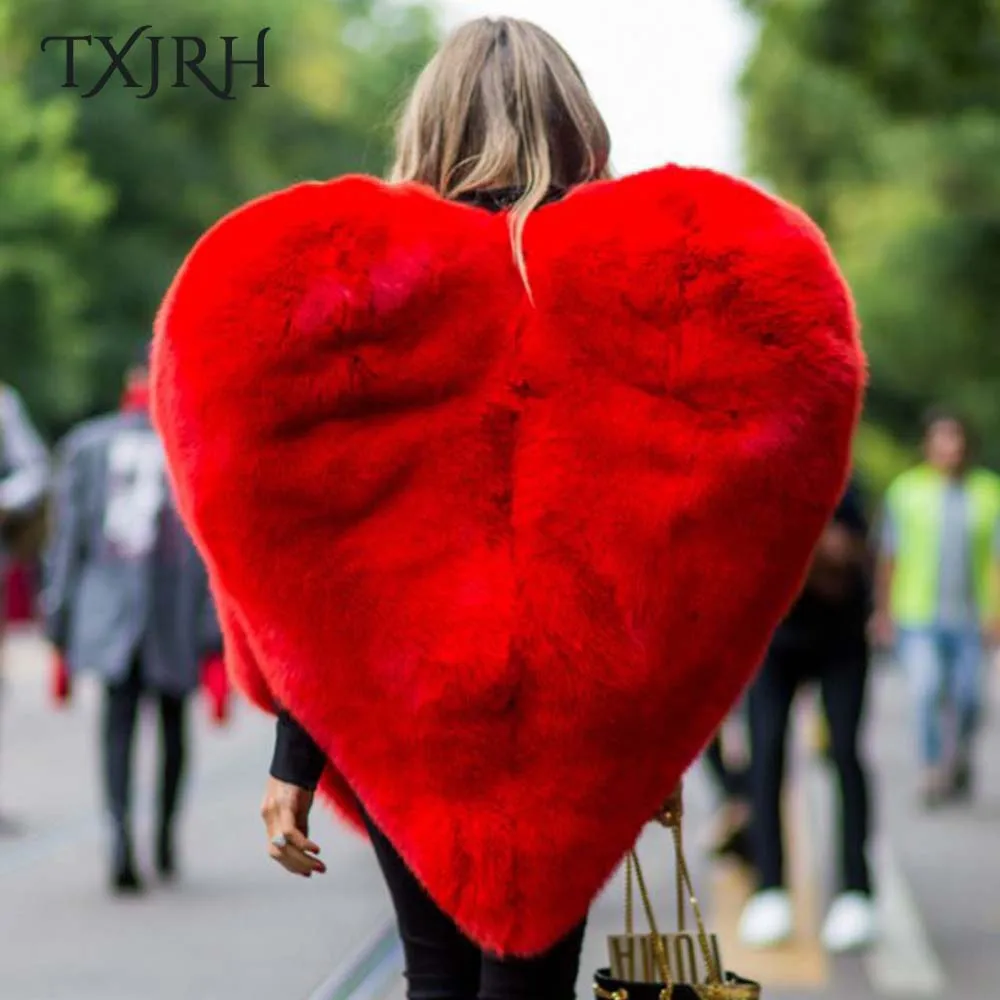TXJRH Стильная накидка знаменитостей с объемным изображением красного сердца из искусственного лисьего меха, длинное мохнатое пальто для женщин, Толстая теплая верхняя одежда, зимняя верхняя одежда