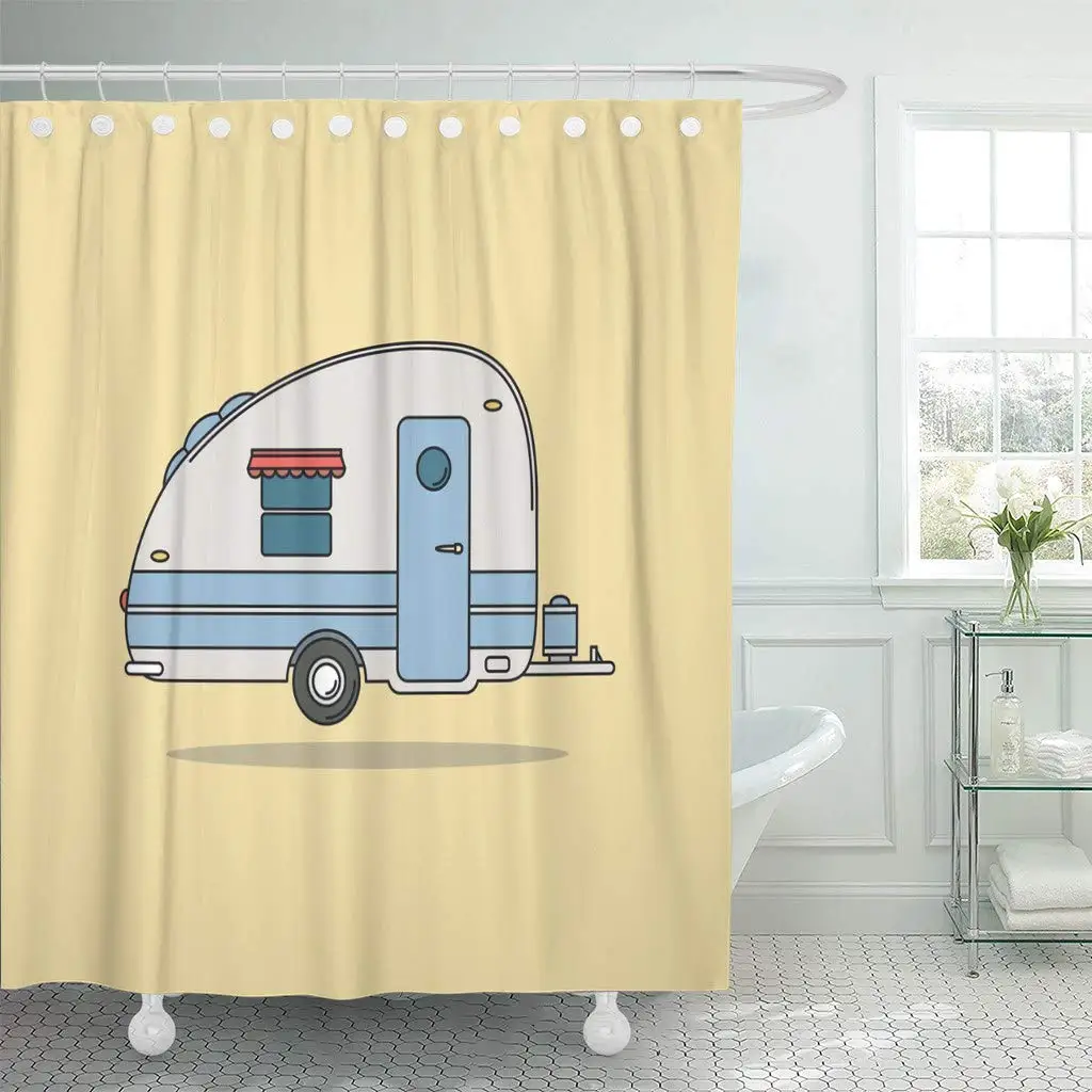

Shower Curtain with Hooks Red Camper Vintage Camping Car Caravan for Rest Old Retro Trailer Aloha Antique Auto Bathroom