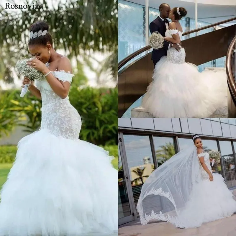 

Arabic Mermaid Wedding Dresses 2019 Off Shoulder Sweep Train Lace Appliques Beaded Plus Size Bridal Gowns Vestido De Novia