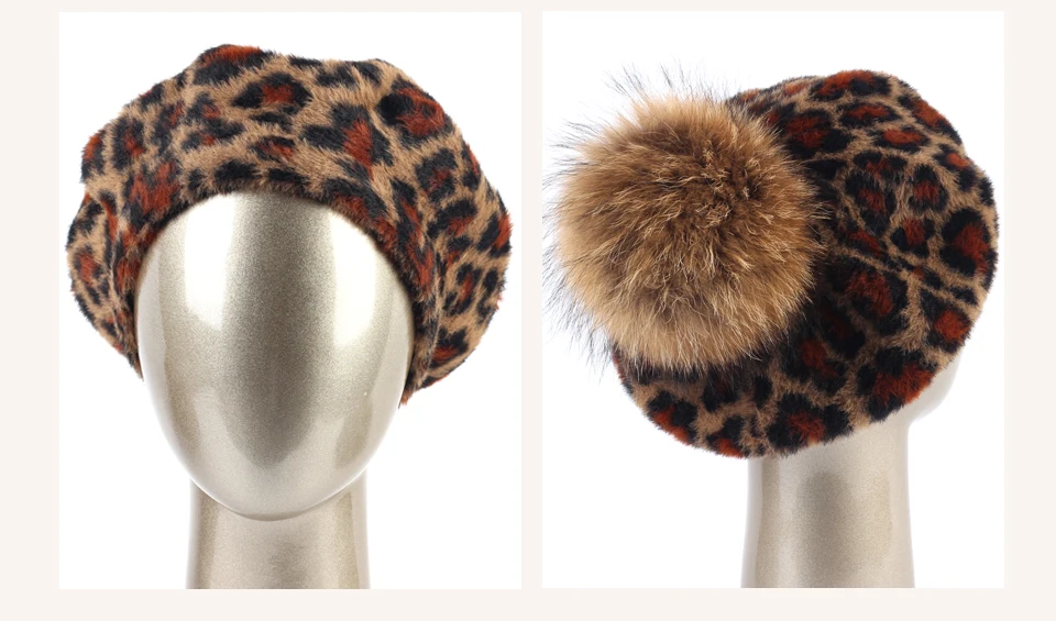 Geebro женский леопардовый берет, шапка с помпоном из меха енота, зимний кашемировый теплый Французский Берет для художника, женские шерстяные шапки