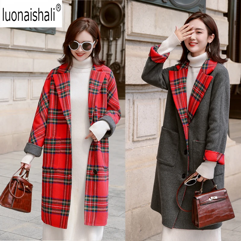 

high quality autumn women wool blends coats plaid wool blends coats long winter coats reversible clothes Fashion Creative Coat
