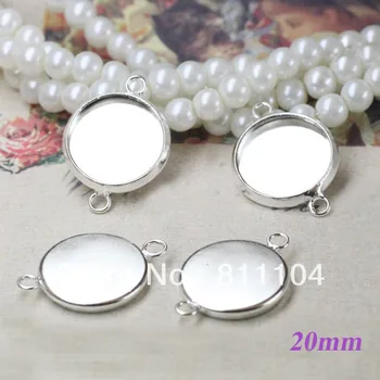 

20mm Silver Plated Copper Blank Round Circle Bases Trays 2 Loops Bezels Pendant Bracelet Connector DIY CABs Findings Wholesale