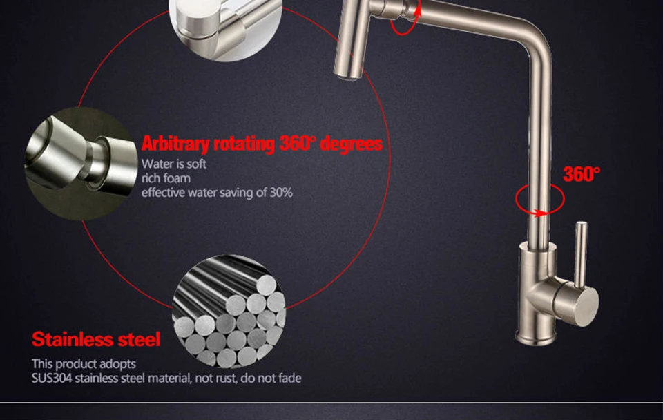 Okaros для кухни кран 304 Нержавеющая сталь никель Матовый смеситель для раковины, кран 360 градусов Поворотный носик тела cranetorneira C011