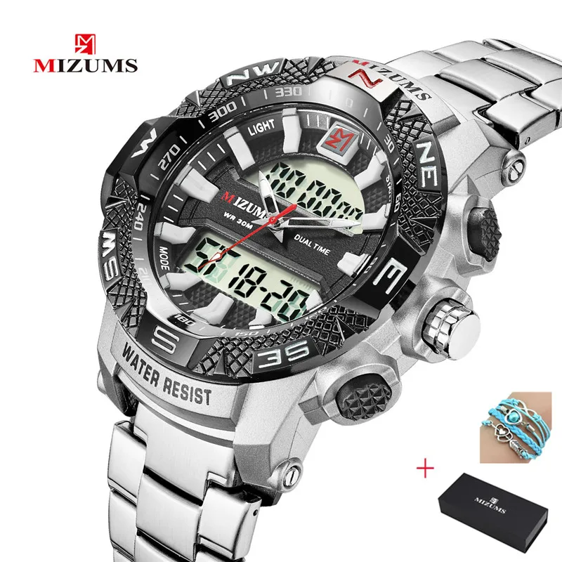 MIZUMS мужские спортивные часы с двойным механизмом кварцевые цифровые