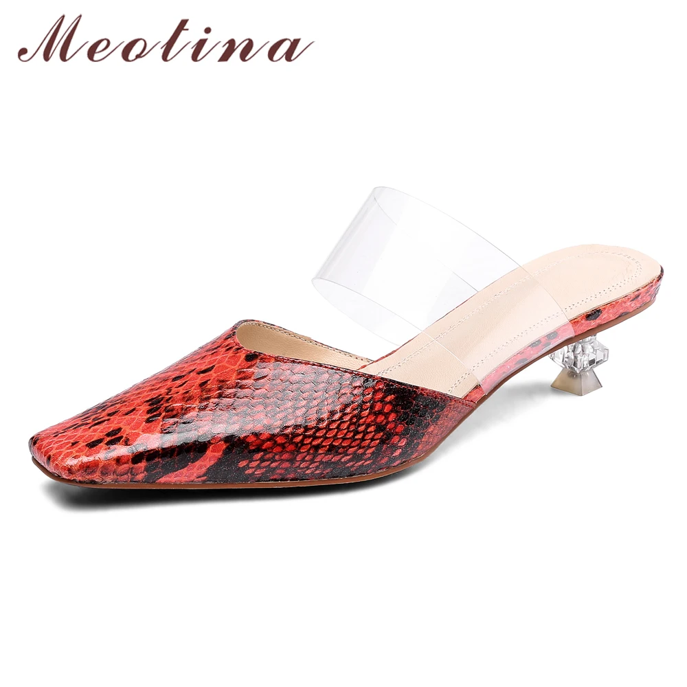 

Meotina Summer Mules Shoes Women Slides Natural Genuine Leather Strange Style Heels Shoes Snakeskin Square Toe Sandals Red 33-43