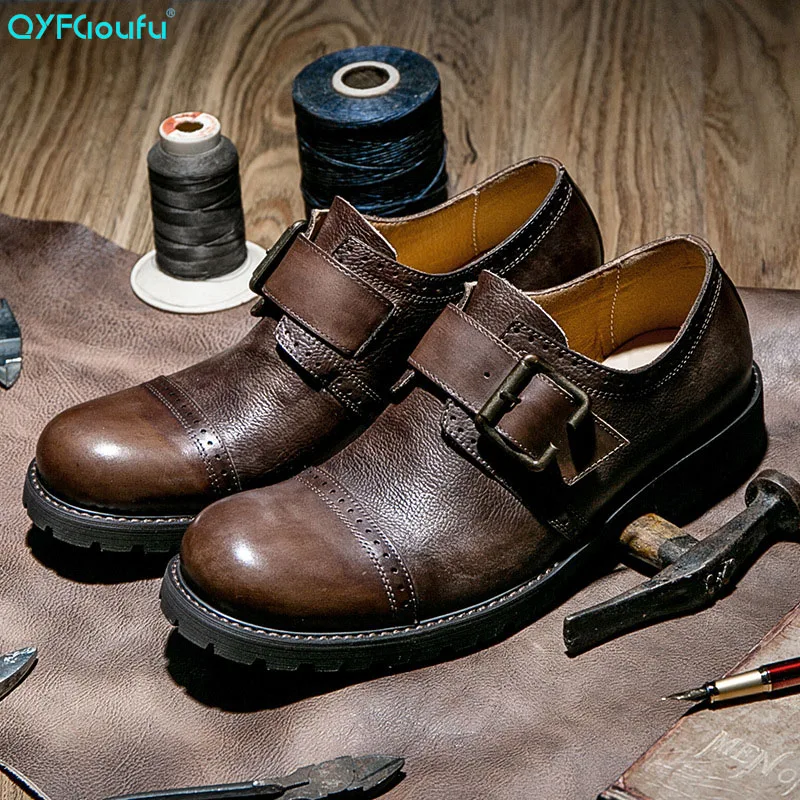 

QYFCIOUFU 2019 Formal Round Toe Mens Dress Shoes Casual Genuine Leather Men Oxford Shoes Fashion Buckle Strap Vintage Shoes
