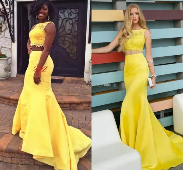 Best Offers Yellow Lace Two Piece Long Bridesmaide Dress Best Offers Yellow Lace Two Piece Long Bridesmaide Dress
