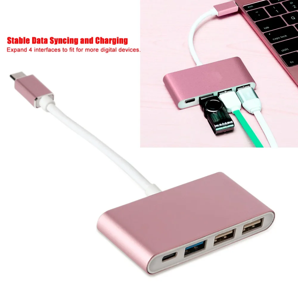 Type-C to USB2.0 4 Ports HUB Aluminum Alloy Splitter for Macbook Laptop PC Computer 