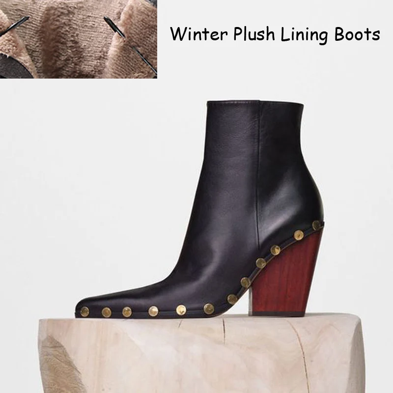 Baimier Ботильоны из натуральной кожи для Для женщин Элитный бренд цвета: золотистый, с заклепками, на высоком каблуке Для женщин ботинки Теплый плюш женские зимние ботинки - Цвет: Winter Black Boots