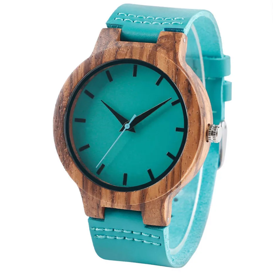 Fashion Blue Wood Quartz Watch Analog Genuine Leather Band Handmade Bamboo Wooden Wristwatch for Men Women Creative Gift Sport Clock (4)