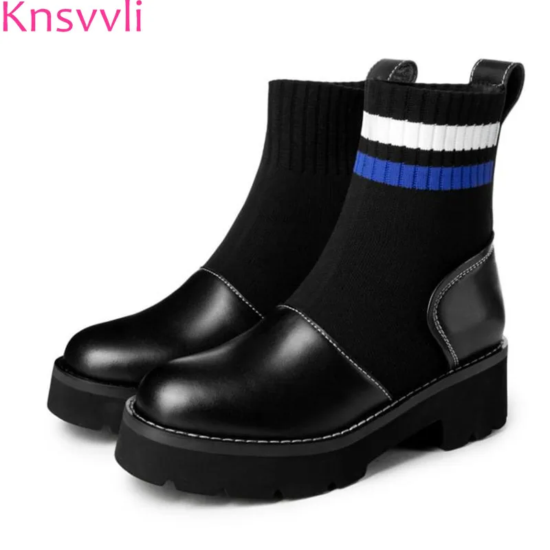 

Knsvvli Stretch Sock Boots Women Cowhide Patchwork Knitting Wool Martin Boots Woman Black Chunky Heel Women Motorcycle Boots