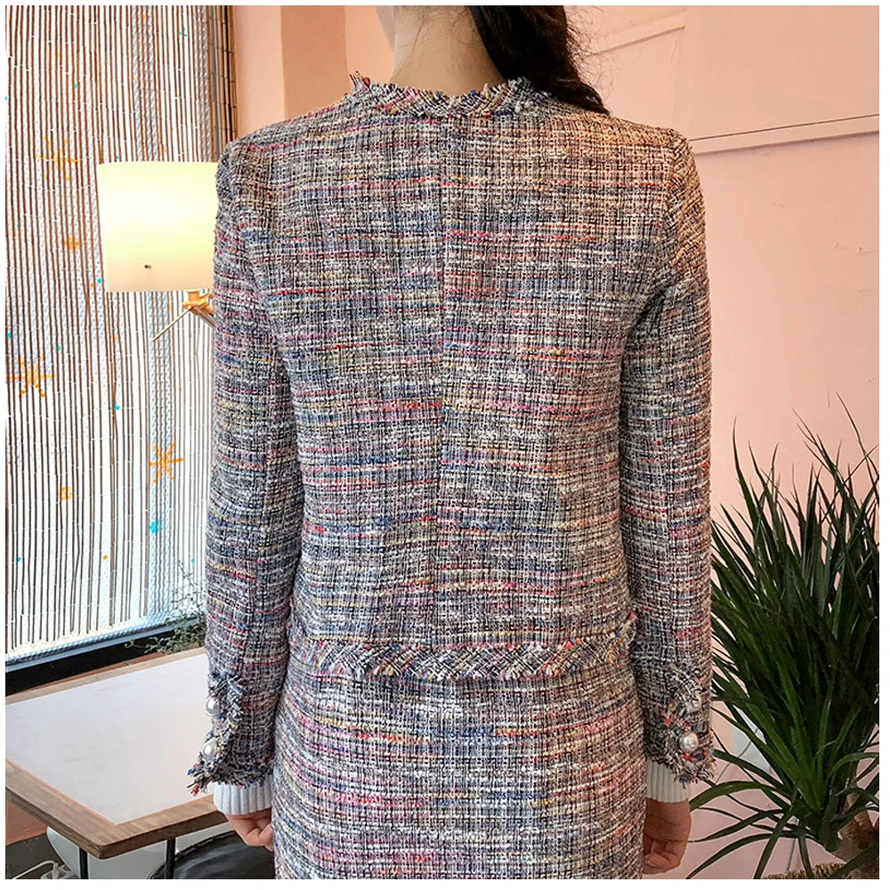 buy Women Chic Vintage Style O-neck Long Sleeves Check Plaid Single Breasted Pearl Designed Tweed Jacke