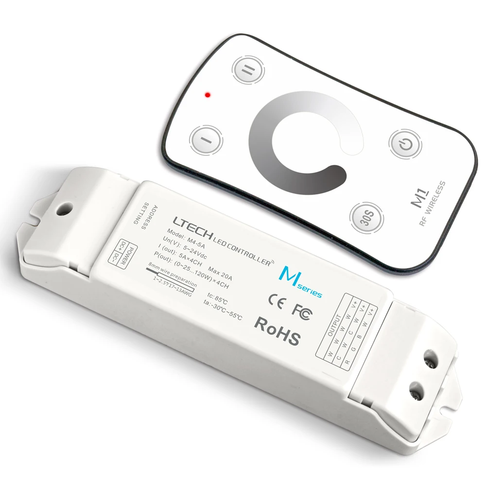 

LTECH DC 12V 24V RF Remote Wireless Touch panel Dimming 5A*4CH 480W 4 Chanels output 50m Remote distance Smart Led Strip dimmer