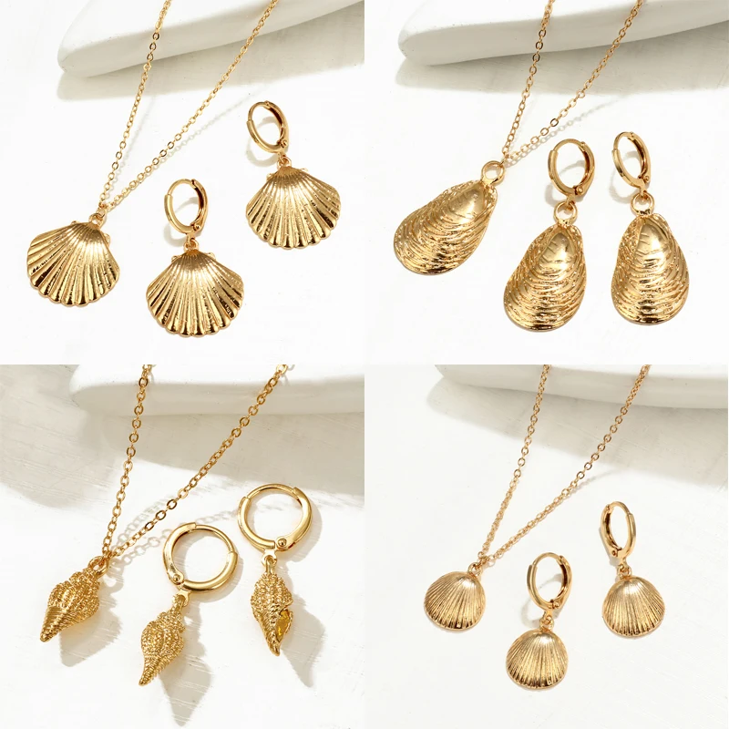 

ZOSHI 2019 Fashion Gold Starfish Cowrie Shell Necklace Earrings Set For Women Conch Chain Pendant Necklace Summer Jewelry Sets