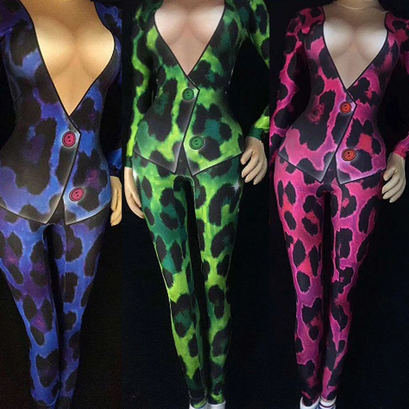 

3 Colors Leopard Printed Bodysuit Women Party Jumpsuit Female Nightclub Singer Jazz Dancer Costume Stage Gogo Wear DT349