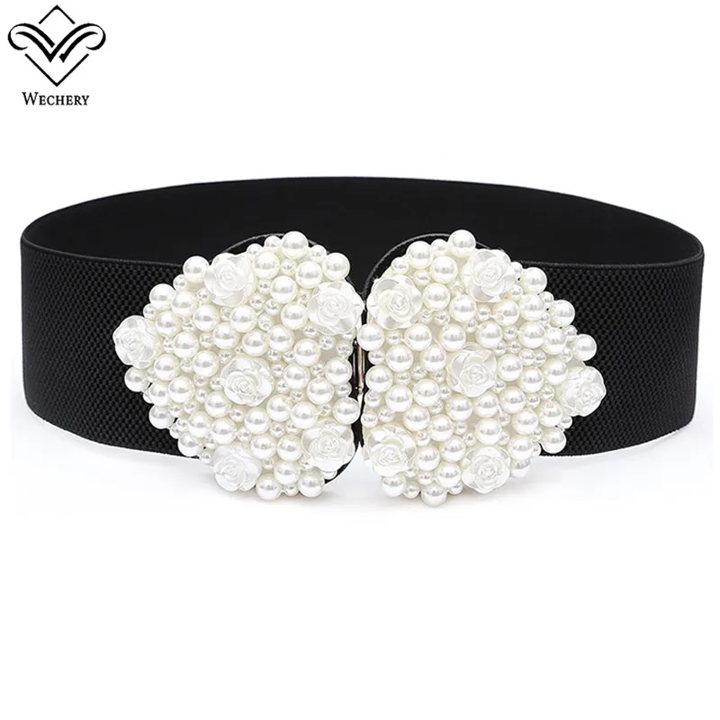Wechery Elastic White Pearls Belt Fashion Heart Shape Dress Belts Women