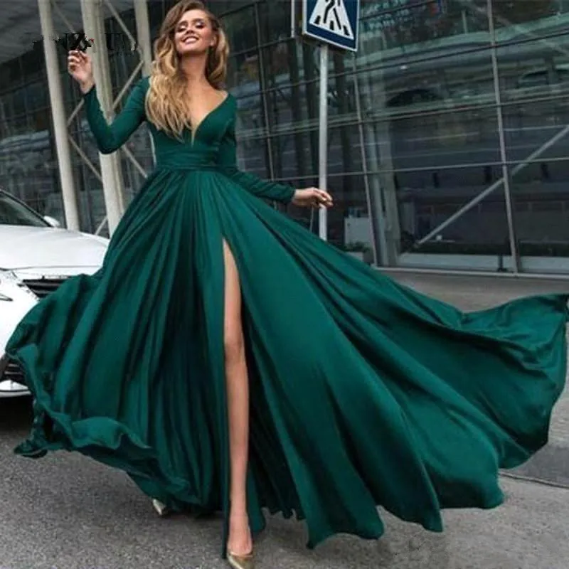 Зеленое Вечернее платье 2019 A-Line шифоновая с длинными рукавами щелевой ислам Дубаи Саудовская Арабская длинное вечернее платье халат De Soiree