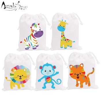 

Safari Rainbow Animal Theme Party Favor Bags Candy Bags Vacation Birthday Gift Bags Animals Party Decorations Supplies 5PCS