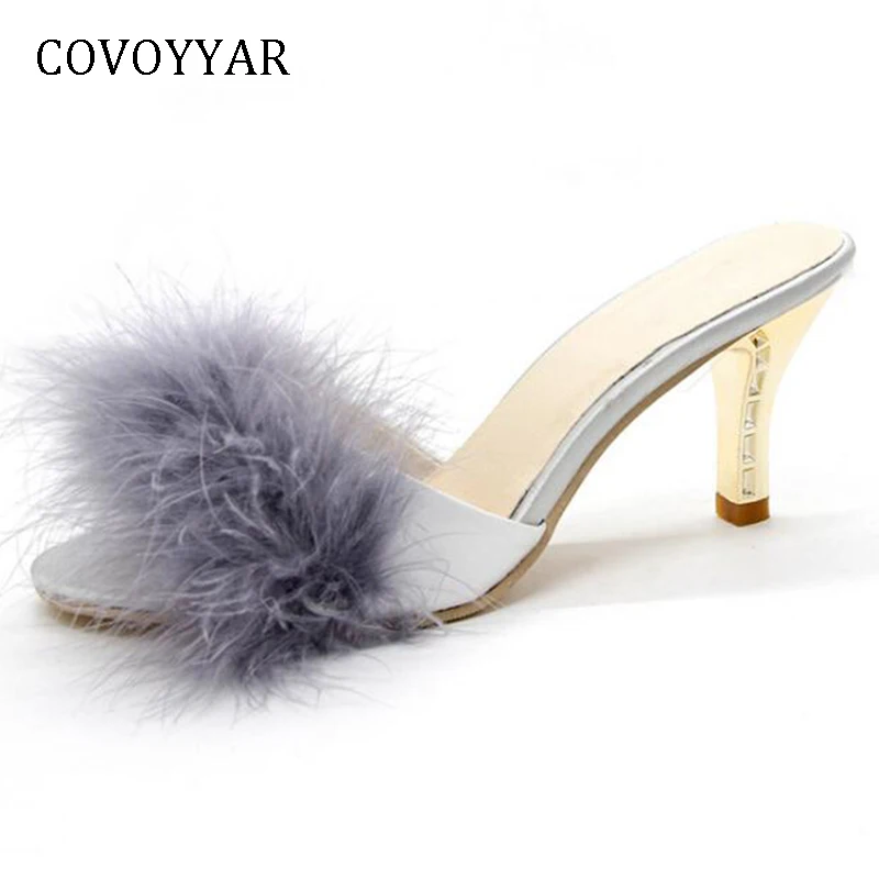 

COVOYYAR 2019 Fashion Fur Women Mules Sandals Summer Peep Toe Slingback Lady Slippers Thin High Heel Slides Shoes Women WHH667