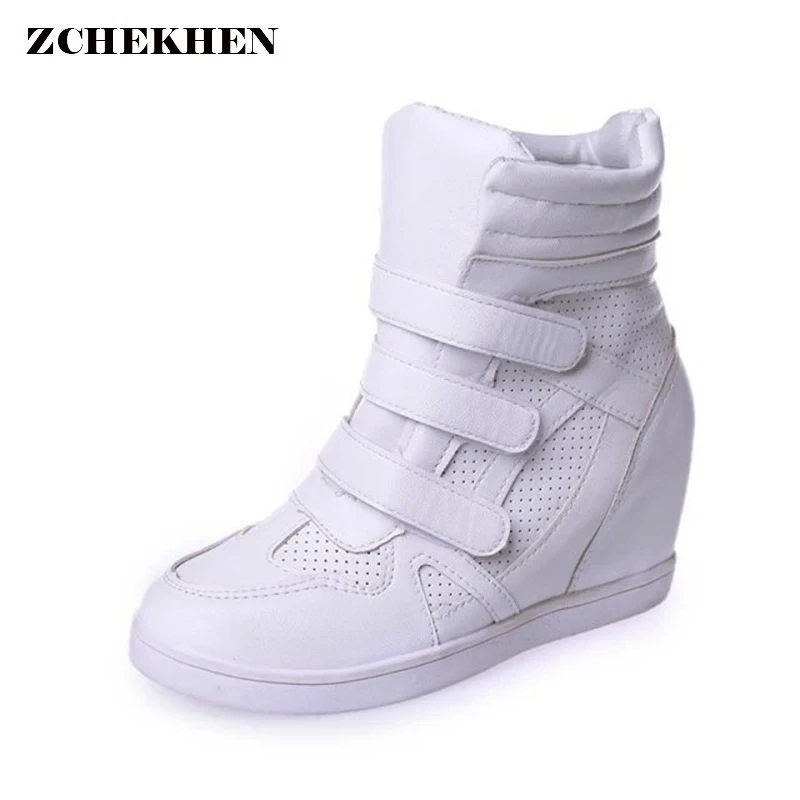 2018 Frauen Casual Stiefel Keile Plattform Versteckte Zunehmende Turnschuhe Pu Leder Schuhe Frau Atmungsaktive High Top Weiß Schuhe Damenstiefel
