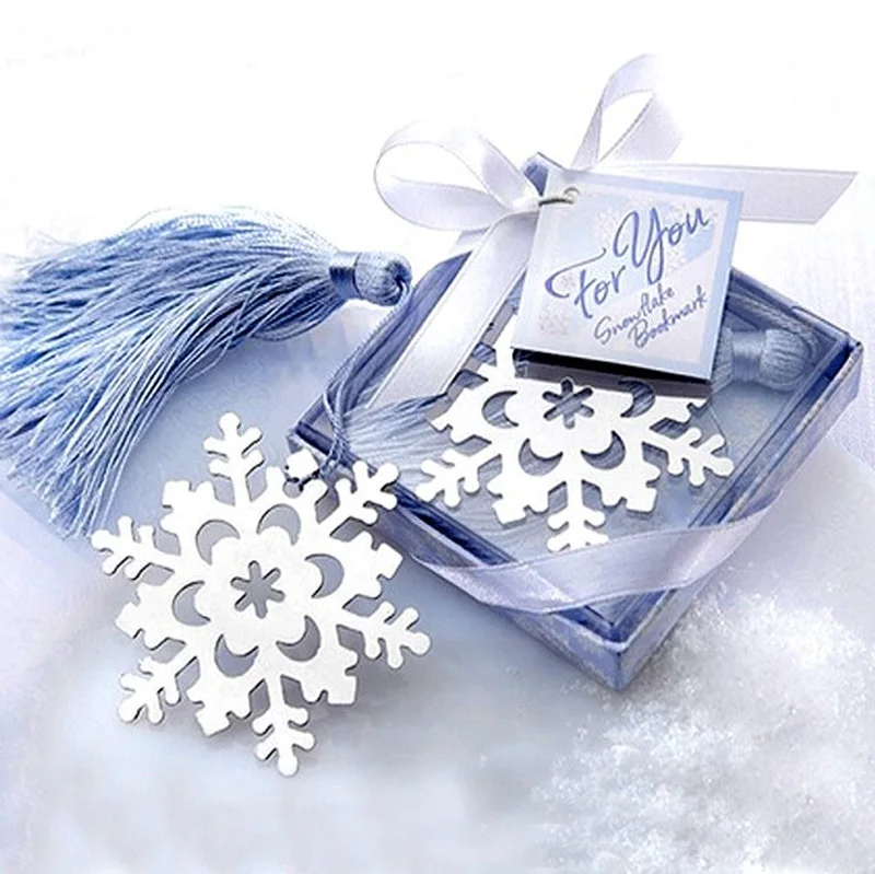 

Free Shipping 25pcs/lot Romantic Stainless Steel Snowflake Bookmarks With Tassel Gift Box Packed Book Tags Wedding Favor Gifts