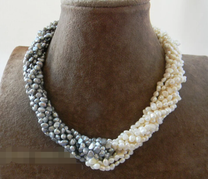 

Beautiful 8STRANDS 17" 6mm Gray White Baroque Freshwater Pearl Necklace AAA