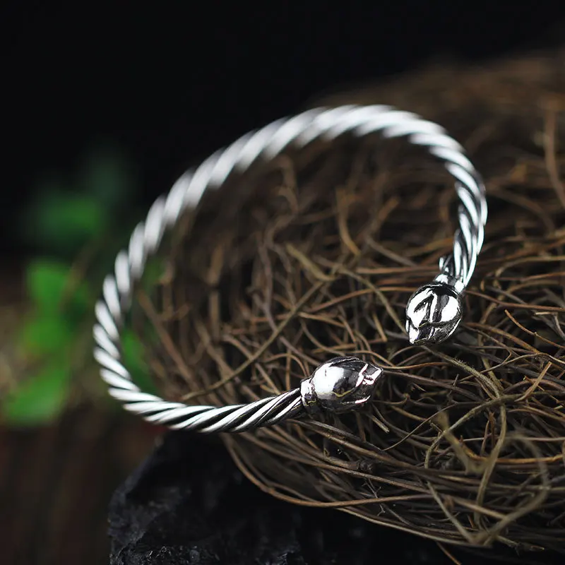 

2018 Hot Sale 990 Pure Silver Bangle For Women Product Restoring Ancient Ways Women's Woven Twist Lotus Bud Bracelet