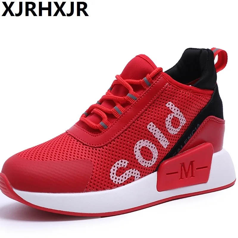 

XJRHXJR Leather + Mesh Women's Platform Slim Sneaker 2019 Fashion Women White Shoes Casual Woman Lace Up Footwear Size 35-40