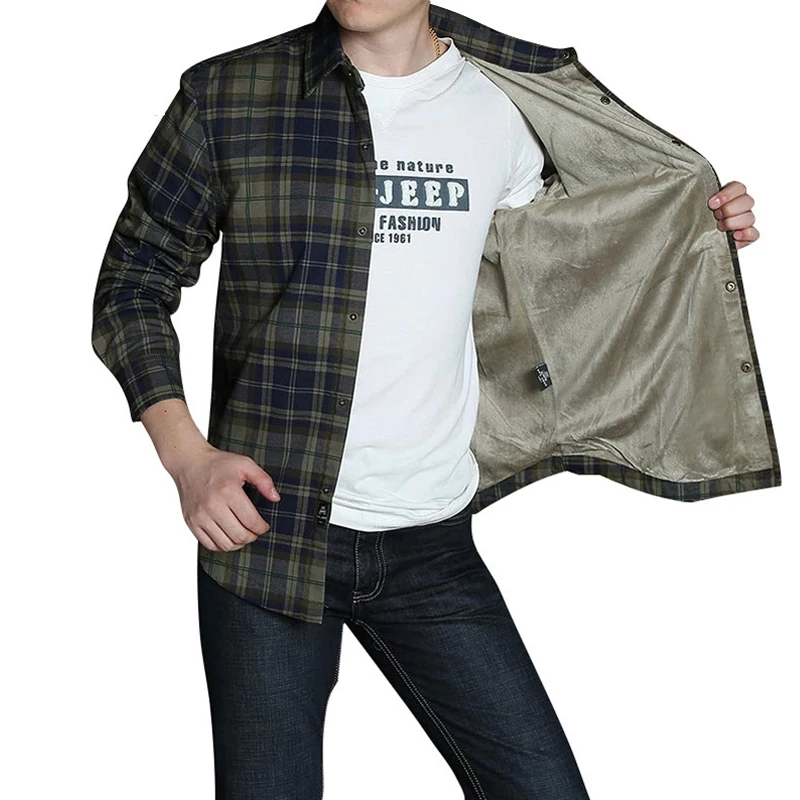 

Brand Shirt Men Autumn Winter Fleece Warm Man's Shirt Casual Loose Long Sleeve Shirt Male Plus Asian Size Plaid camisetas hombre