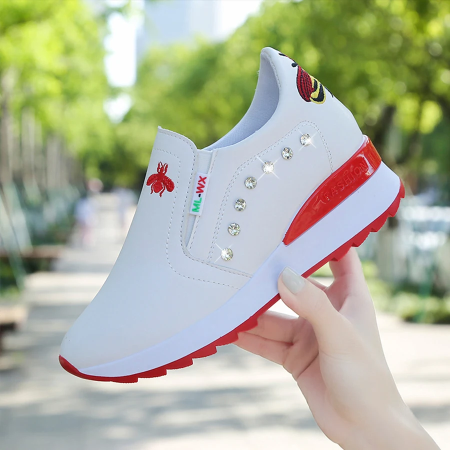 Casual High Heels Breathable Women Sneakers PU Round Toe Crystal Embroider Platform Wedges Tenis Feminino Female Vulcanize