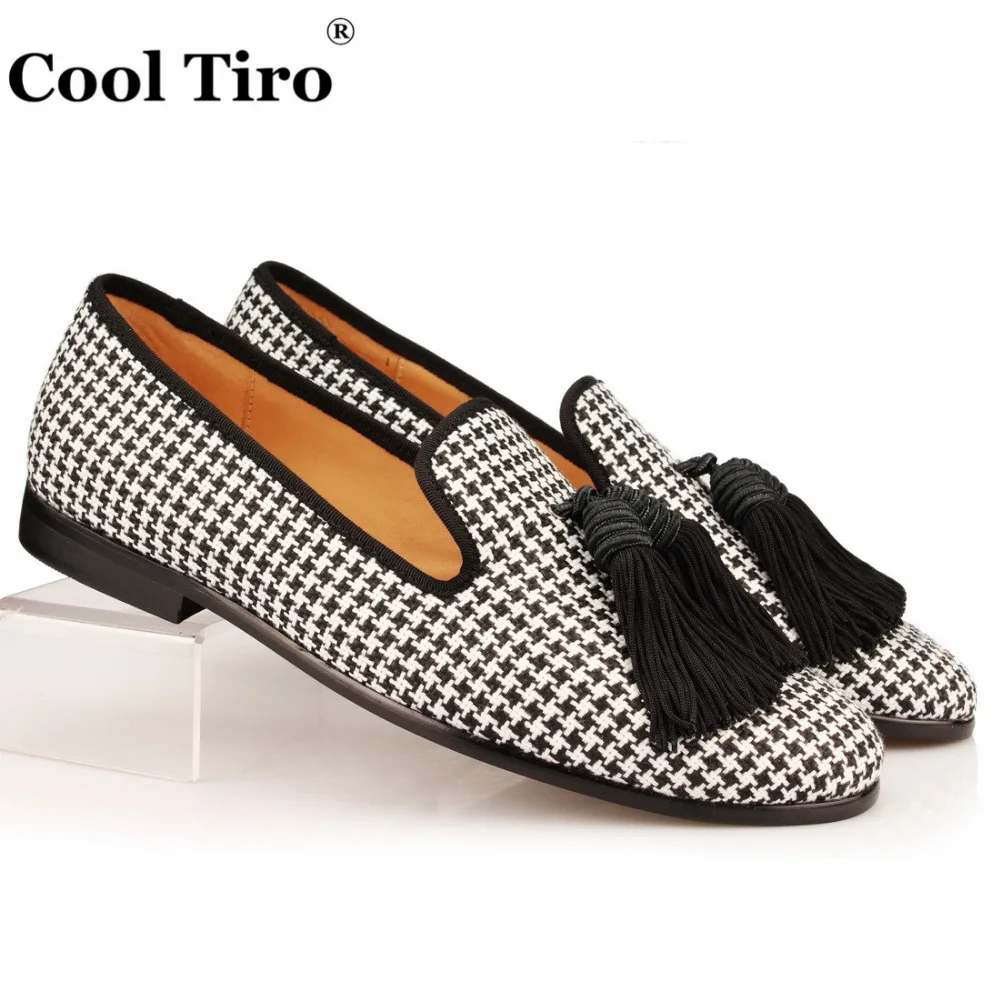 Cool Tiro Men Houndstooth Loafers Shoes Canvas Slippers Tassel Flat