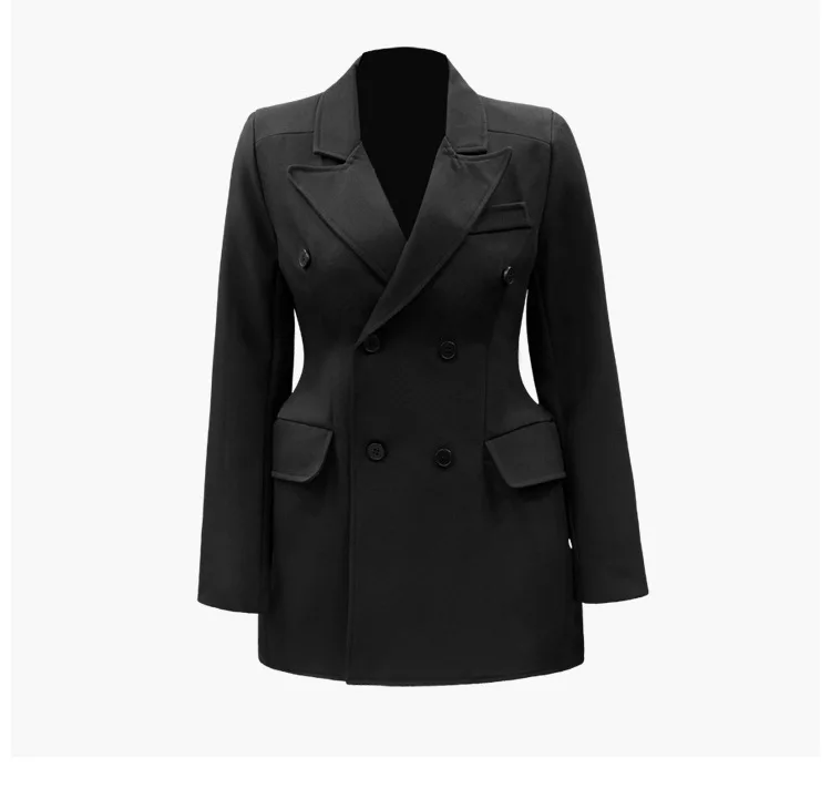 

2019 Designer Women Blazer Jacket Women's Double Breasted Buttons Black Slim Office Blazer Outwear