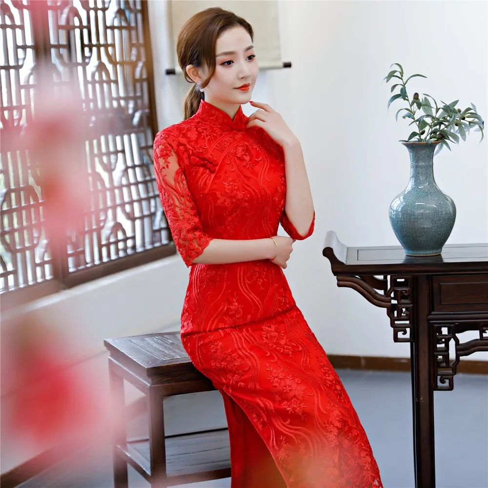Шанхай история Половина рукава цветок вышивка Cheongsam платья Длинные Красные кружевные Qipao для Для женщин Традиционный китайский свадебное