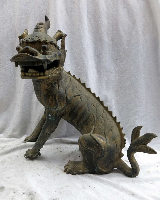 

wholesale factory 14" China red bronze carved Foo Dog lion mythical creatures Diting statue