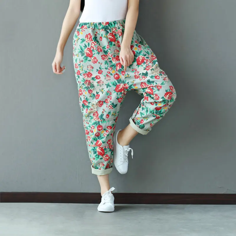 Spring Pants Women Retro Loose Trousers Elastic Waist