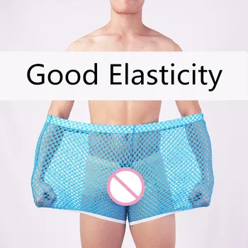 

Sexy Men Plus Size Exotic Pants Shorts Net Hole Breathable Sexy Gay Men Underwear Male Loose Elastic Knee-Length Pants
