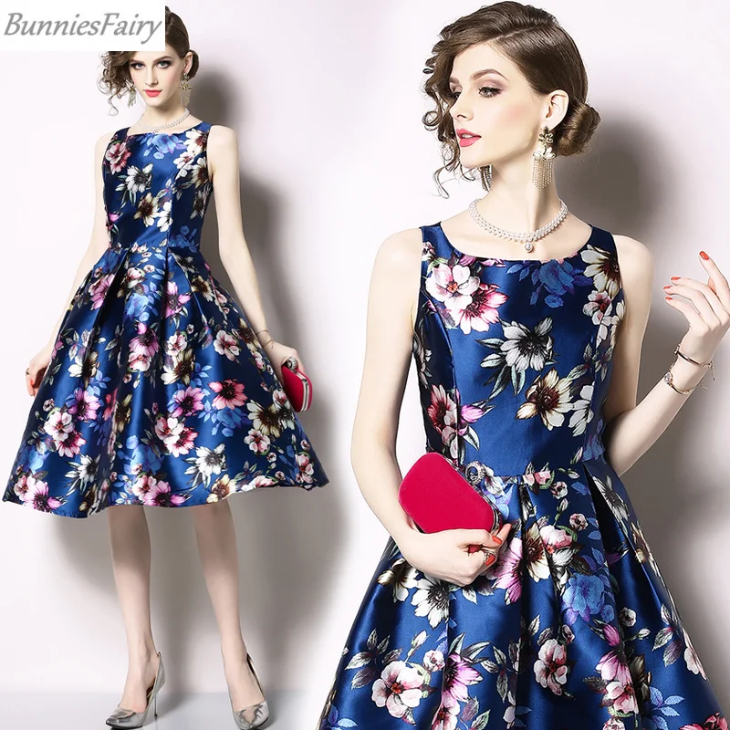 

BunniesFairy 2019 Summer Celebrity-inspired Women Elegant Vintage Floral Print Pleated Dress Sleeveless O-Neck Vestido de Fiesta