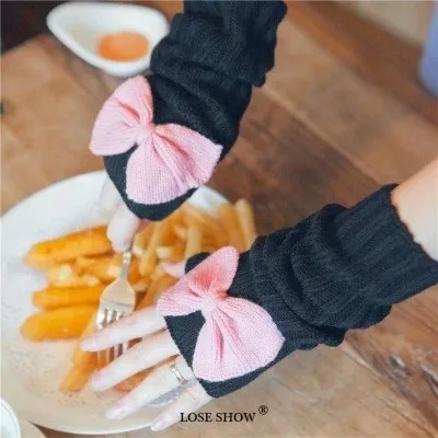 Модные зимние женские перчатки с бантом на запястье, теплые длинные перчатки без пальцев, вязаная рукавица