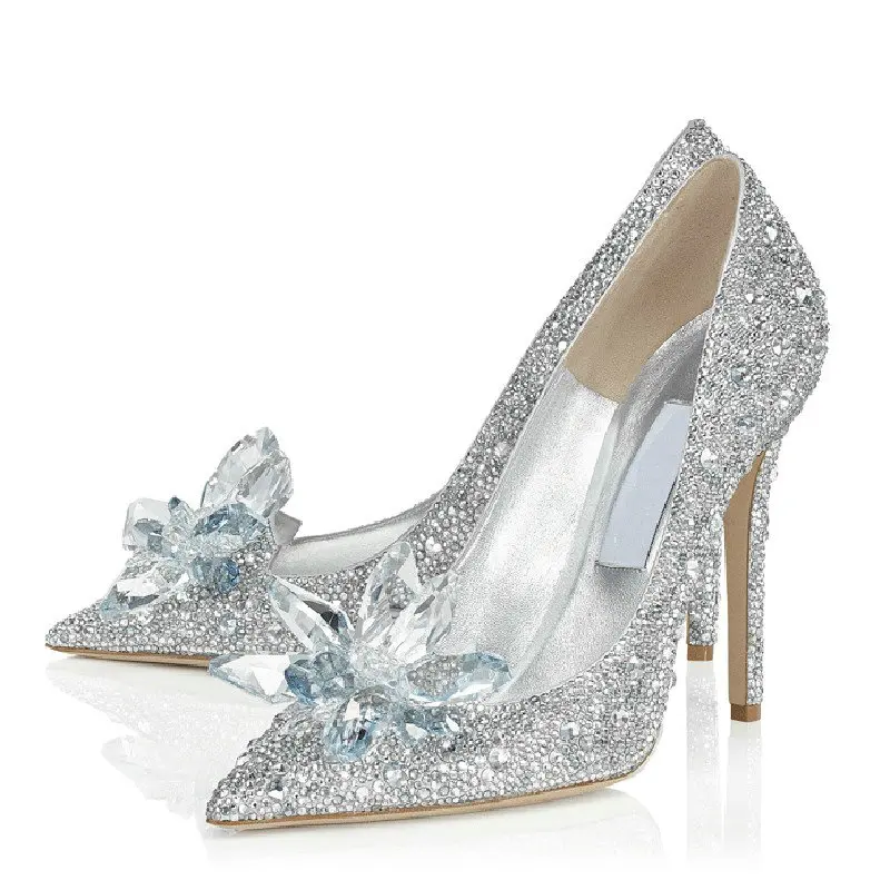 

2018 New Cinderella Glass Pointed Toe Silver High-heeled Shoes Fine With Rhinestone Sequins Glass Bridesmaid Wedding Shoes