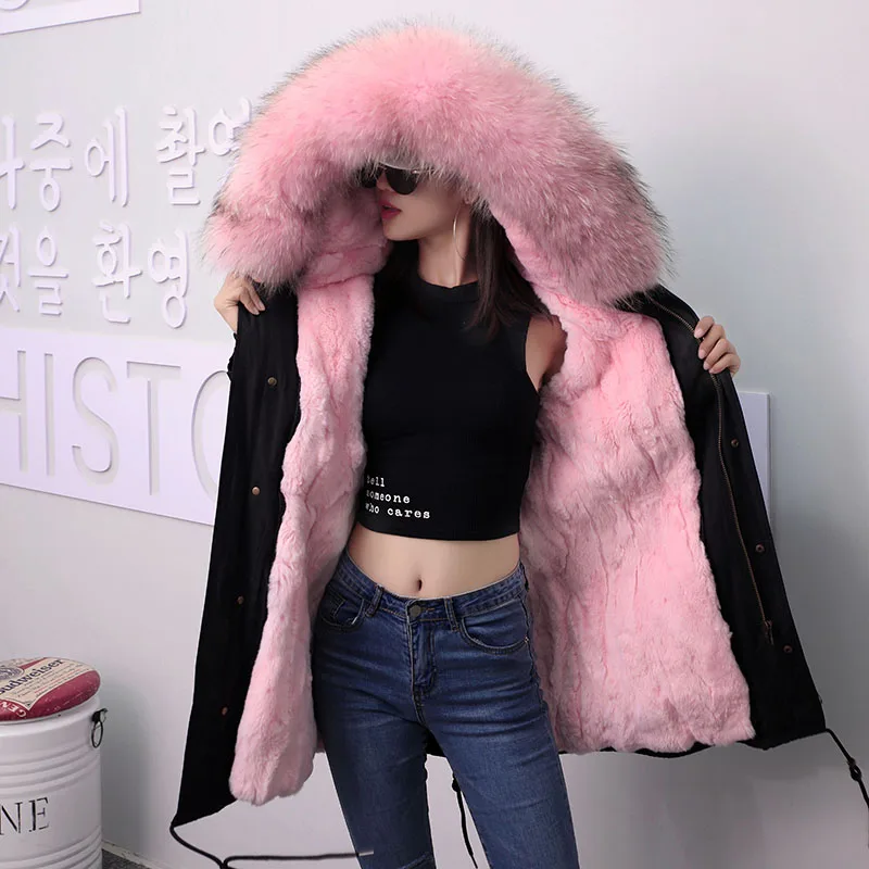 Парки Mujer X-long со съемным кроличьим мехом, зимние женские парки, пальто, новинка, большие размеры, с капюшоном, Женская однотонная Меховая куртка - Цвет: black pink