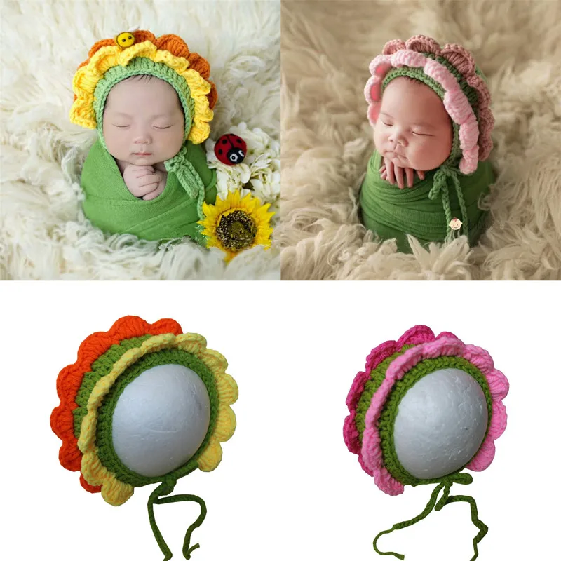 Newborn Photography Props Baby Hats Caps Sunflower Hat Photo Knitted Cap Studio Accessories | Детская одежда и обувь