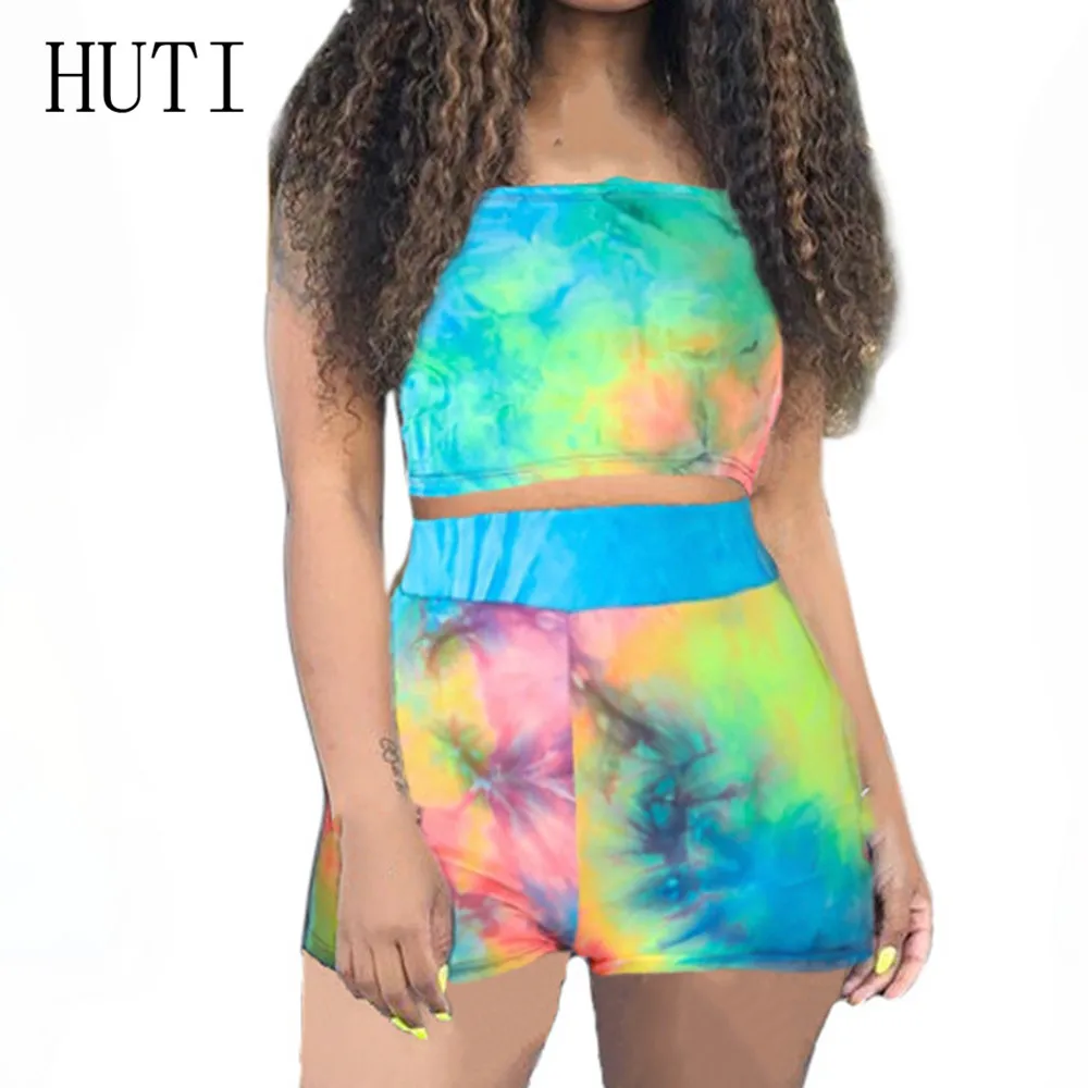 

HUTI Summer Two Pieces Sets Women Playsuits Sexy Off Shoulder Sleeveless Crop Top and Shorts Pants Vintage Rompers Overalls